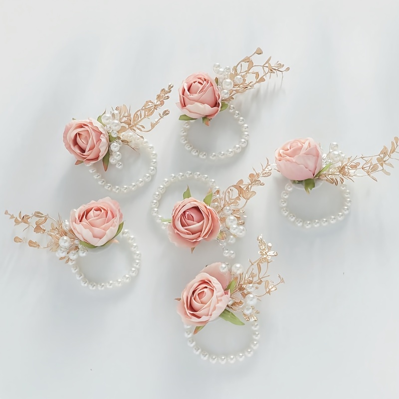 

6-piece Bohemian Style Pink Floral Wrist Accessories With Metallic Leaves & Imitation Pearl Highlights - Ideal For Weddings, Proms, And Celebrations