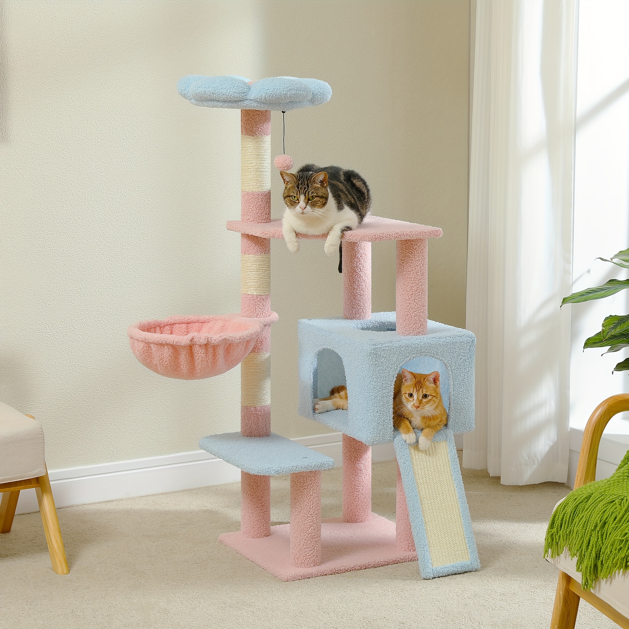 

Flower Cat Tree 47.2" Multi-level Cat Tower With Sisal Covered Scratching Posts, Cute Cat Condo For Indoor Small Medium Cats, Pink Top Perch, Ramp, Fluffy Ball