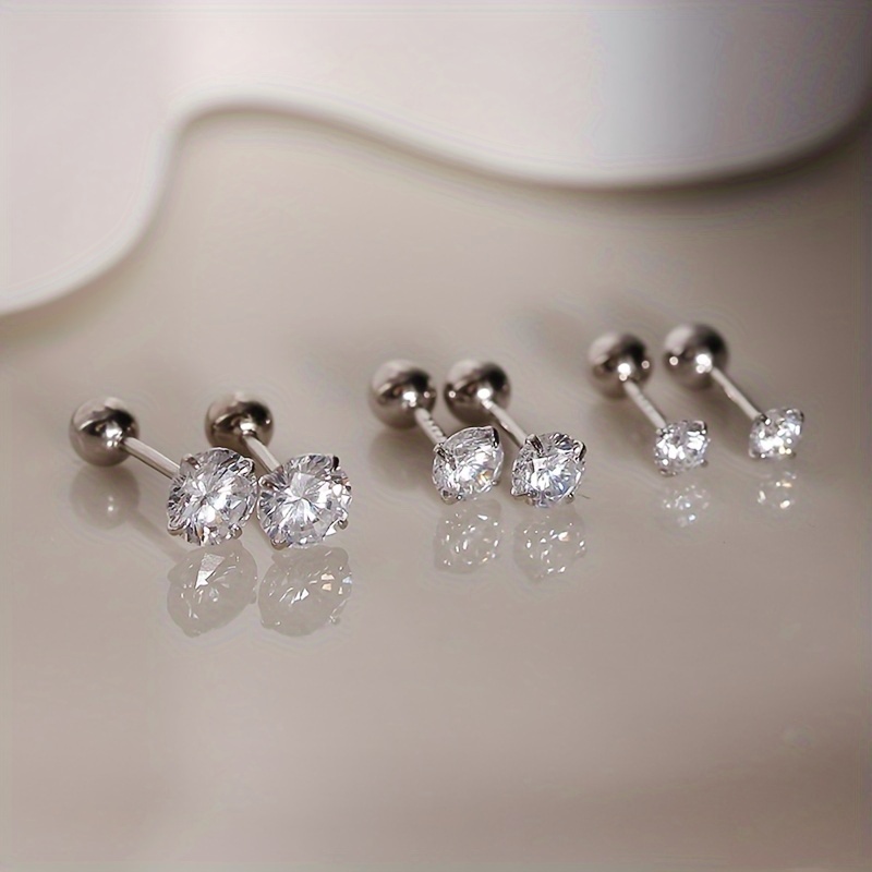 

A Set Of 6 Simple And Stylish Stainless Steel Round Ball Stud Earrings With Cubic Zirconia Inlays, Suitable For Daily Decoration And Gifting For Women