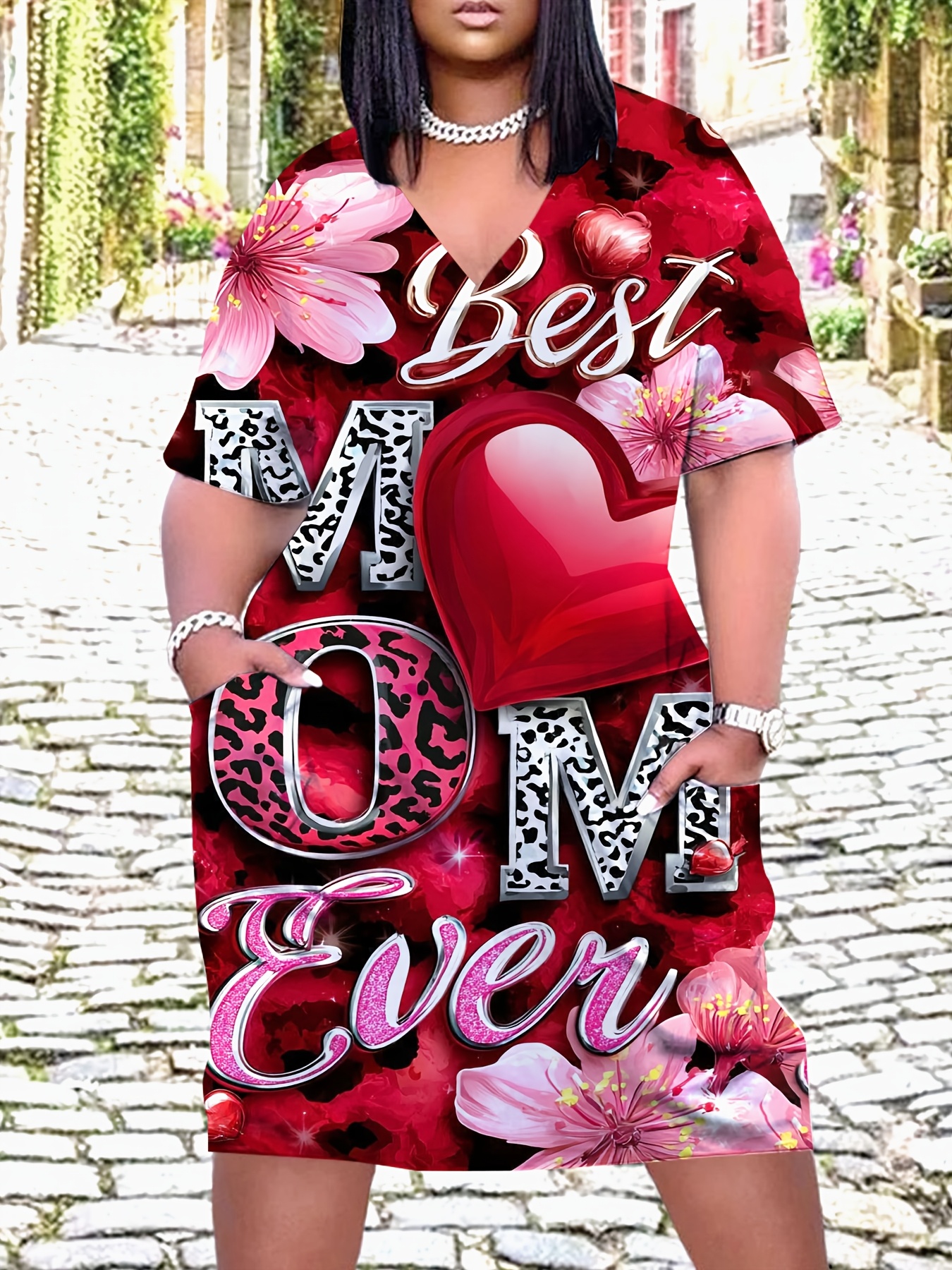 Plus Size Women V Neck * Mom Ever Floral Heart Print Mother Day Casual Wear  for Relaxation And Exercise
