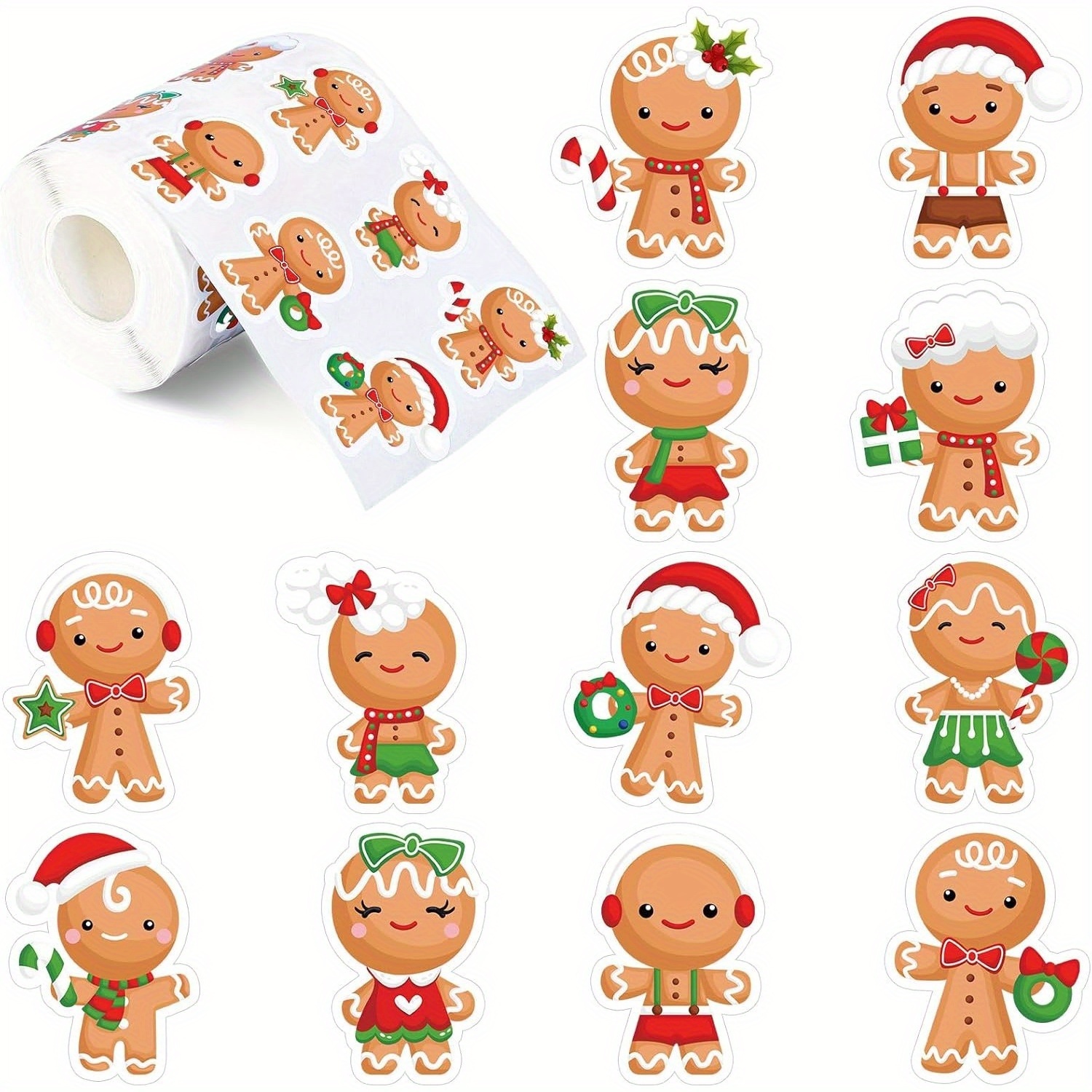 Image of 500pcs Christmas Stickers Roll Gingerbread For Man Decals 12 Designs Funny Xmas Adhesive Decorative Seal Stickers For Xmas Reward Gift Greeting Supplies