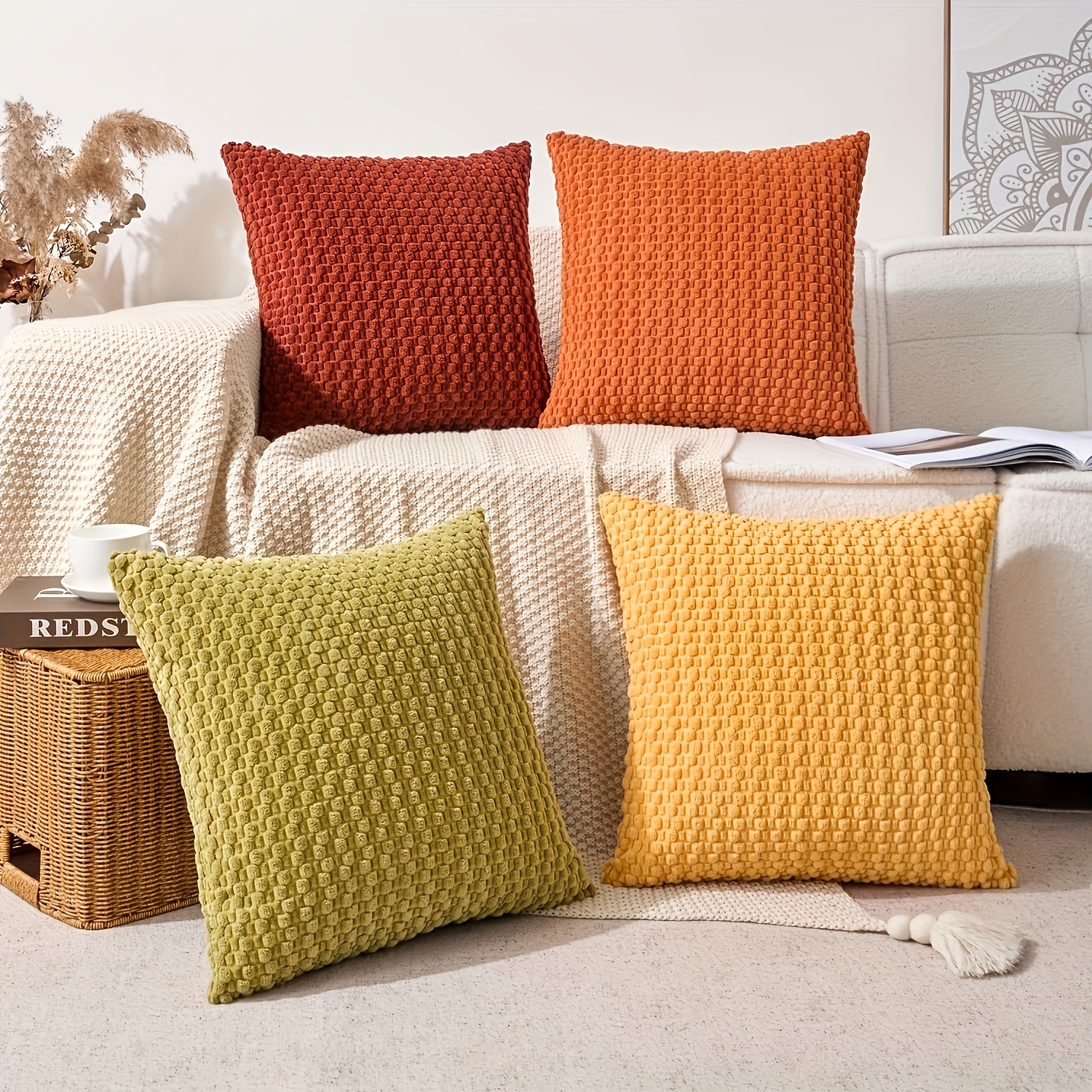 Juego de Fundas para Cojines de Colores con Cierre de Zipper  Naranja Quemado Verde, Beige y