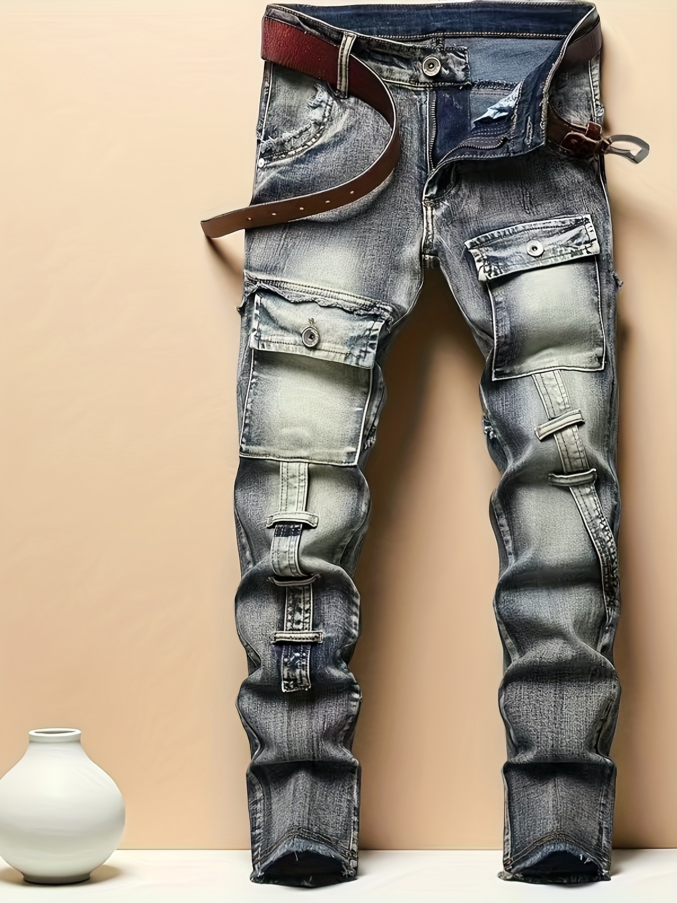 Streetwear, High-end Men's Motorcycle Jeans, Retro Blue Stretch Slim Fit Fashionable Men's Jeans