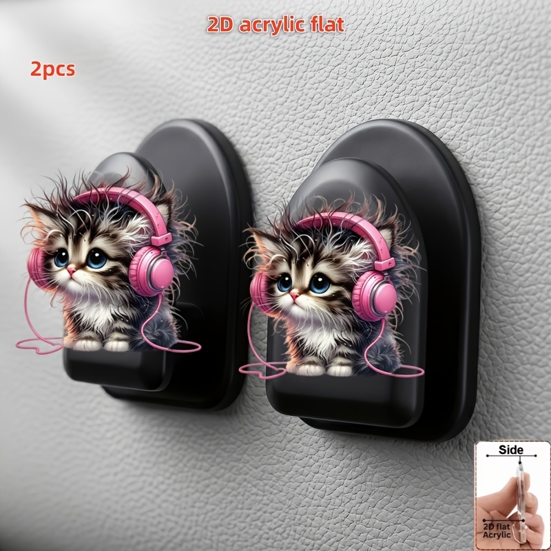TEMU 2d Flat, 2pcs Universal , Cat Ear Pattern, Multi-functional Adhesive Car Storage Hooks, For Hanging Keys, Usb Cables, Dashboard Strong Adhesive
