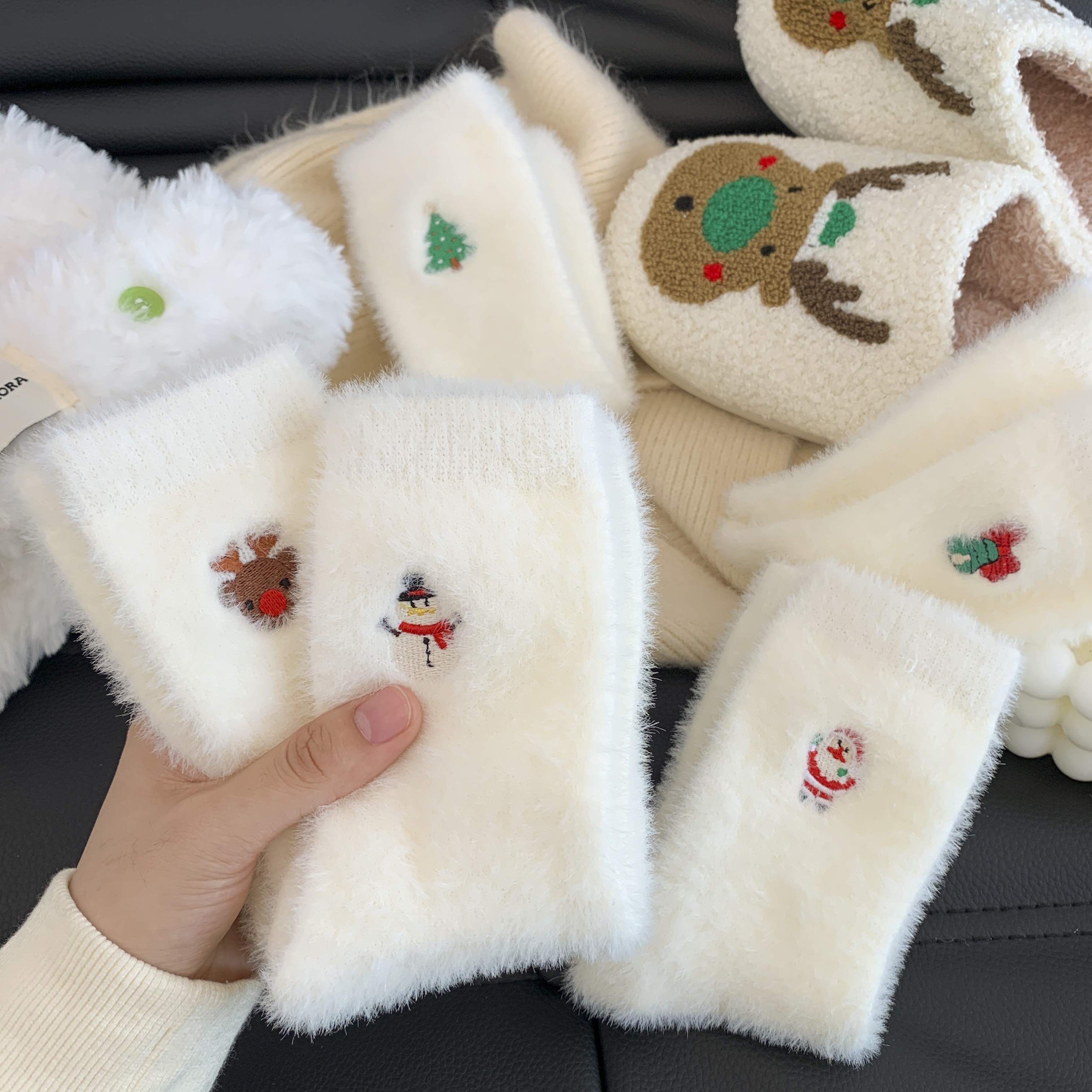 

5 Pairs Women's Christmas Stockings, White Fuzzy Embroidered , Warm Thickened Velvet Polyester 95% Spandex 5% Knit Fabric, Hand Washable