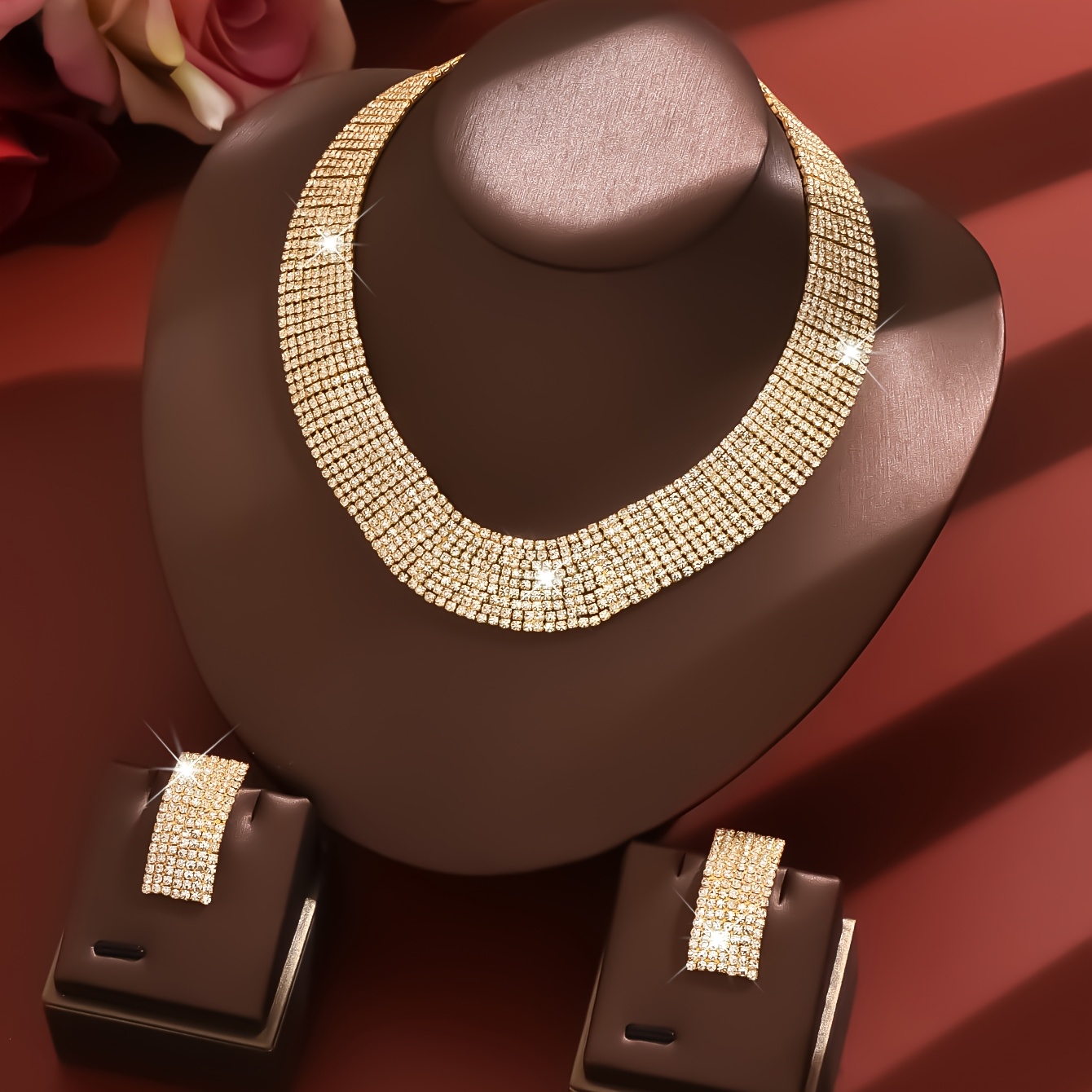 2pcs Set Geometric Rhinestone Choker Necklace & Square Earrings