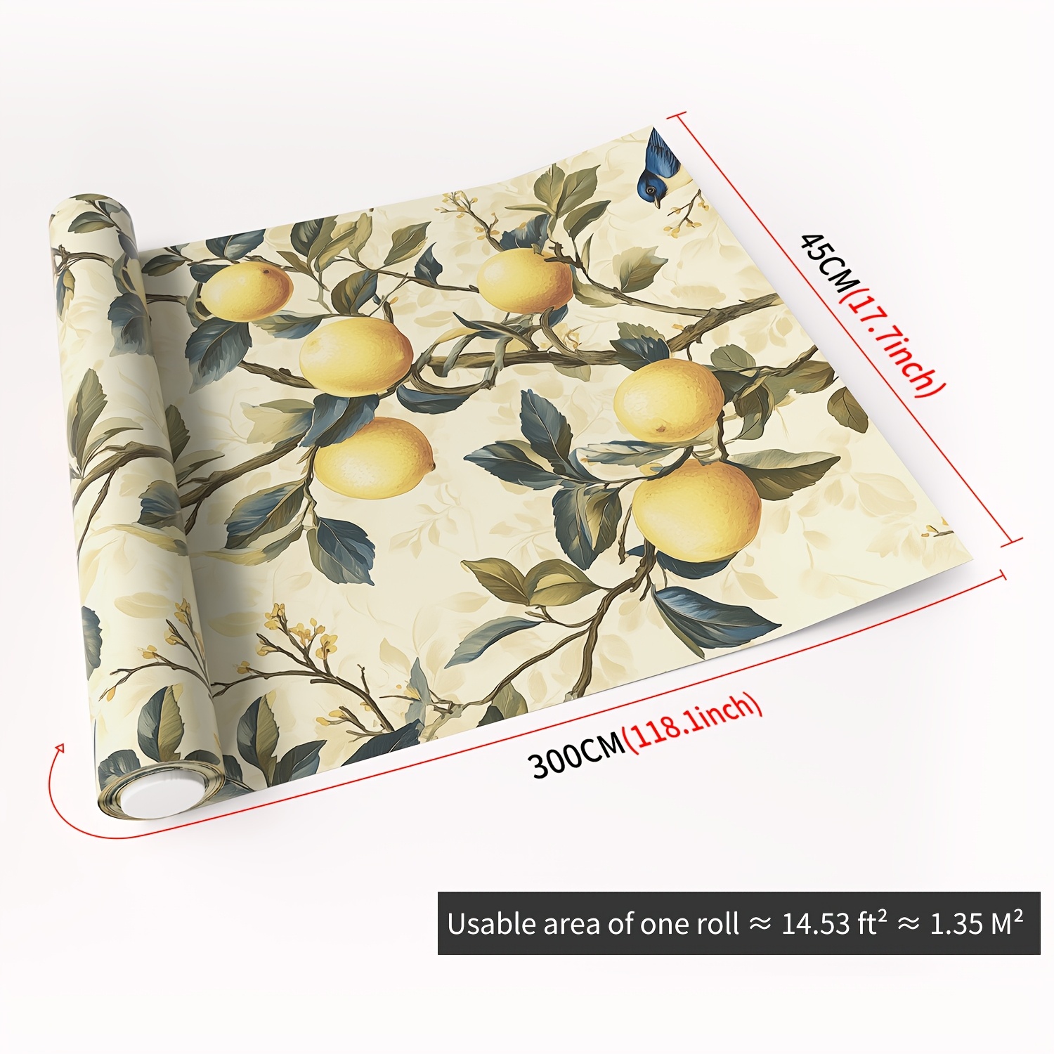 TEMU 1 Rolle Selbstklebende Tapete mit üppigem Früchte-Muster, Gelbe Zitrone und Vögel Selbstklebende Tapete, Wohnzimmer, Schlafzimmer, Küche