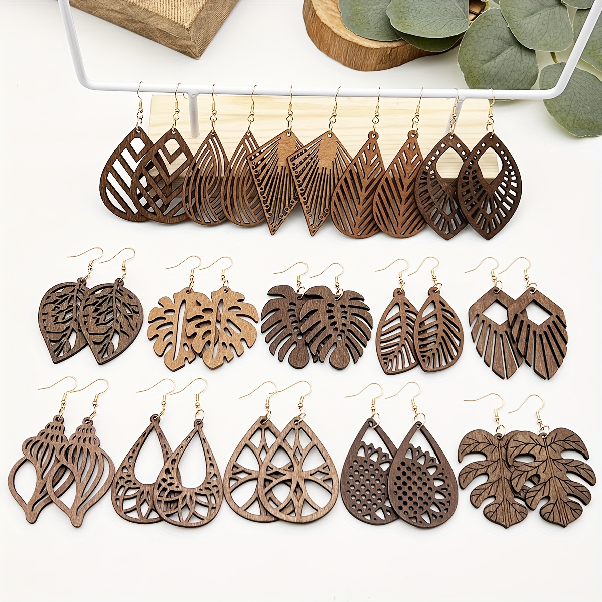 Image of 15 Pairs Of Retro Creative Bohemian Wooden Earrings, Featuring Classic, Stylish, And Minimalist Hollow Designs, Perfect For Women's Casual And Gifting, With Trendy Geometric Shapes