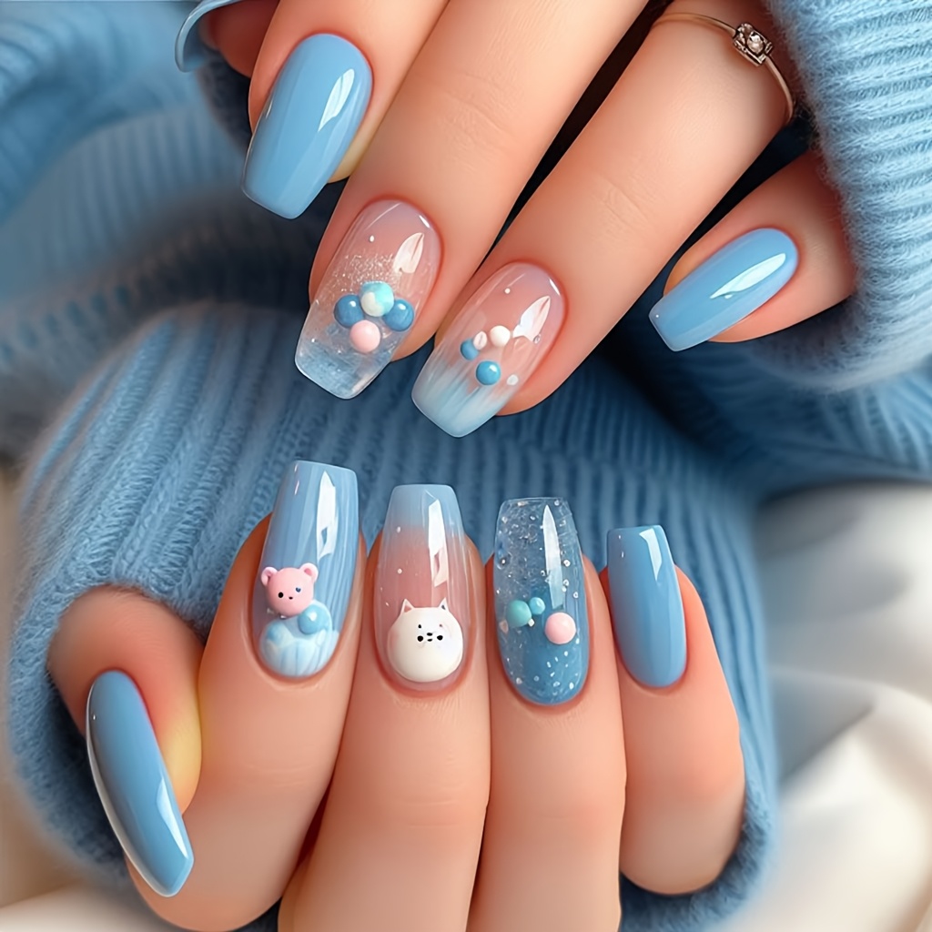 TEMU Blue, Bear, Glossy, Long Style, Square Shape, 24pcs, False Nails, Press-on Nail Stickers, Gothic Nails, Manicure, Nail Set, Women's Nails, Cute
