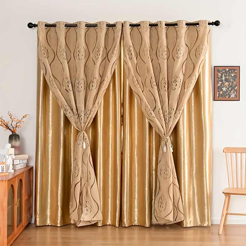 1 Cortina Europeia Vintage Dourada Vazada para Janela de Alta Qualidade para Sala de Estar, Varanda, Proteção Solar, Luz, Luxo, Cortina de Gaze Jacquard 3