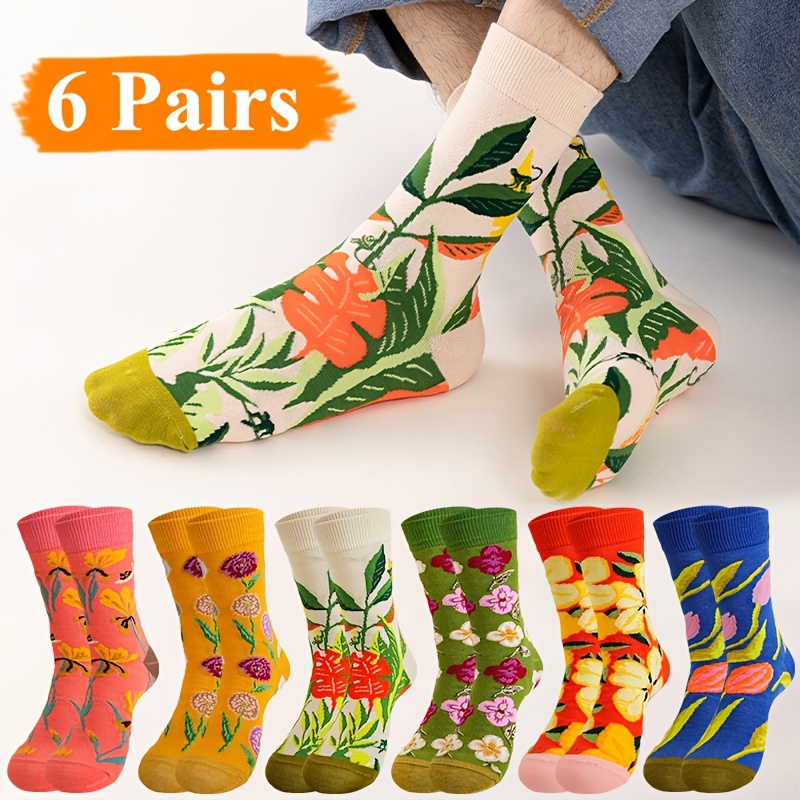 E-shop 6 Paar Frühling Herbst Neue Atmungsaktive Schweißabsorbierende Einfache Vielseitige Blumenmuster Weiche Bequeme Unisex Mid-Calf Socken,