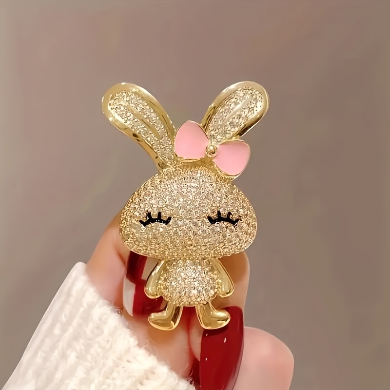 E-shop Funkelnde Strass-Häschen-Brosche - 1 - Plattiertes Rosa Schleifen- & -Verzierte Ohren, Niedlicher Häschen-Schmuck für Frauen,