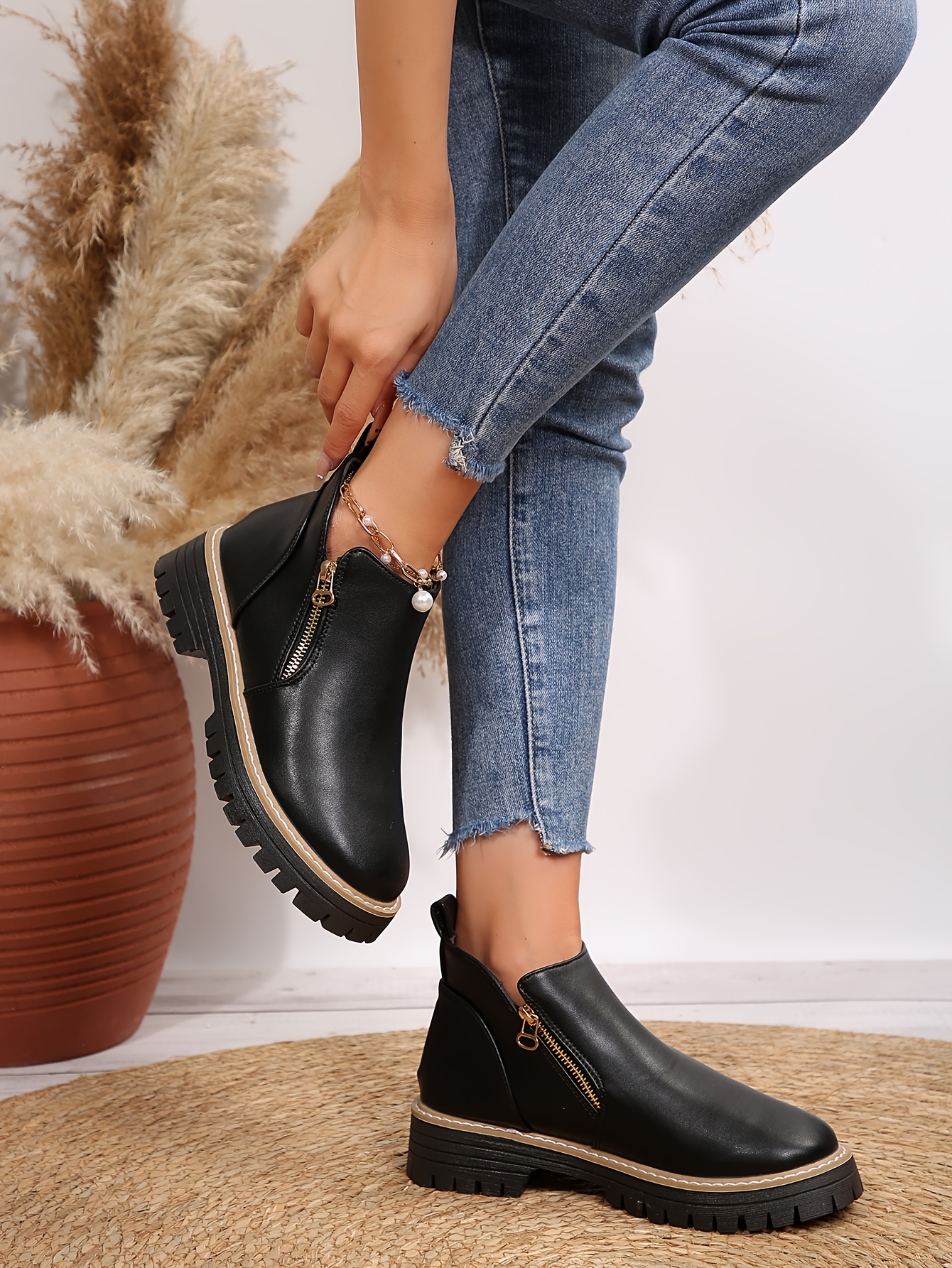 women s autumn and winter new thick-soled   breathable low-heeled round-toe side zipper closed short boots, and advanced women s shoes. Product details 3