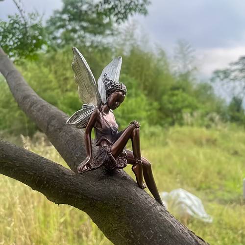 1pc of bronze tone sitting fairy decoration ornament with transparent curly hair skirt texture details imitation metal texture fairy tale atmosphere creation decoration piece