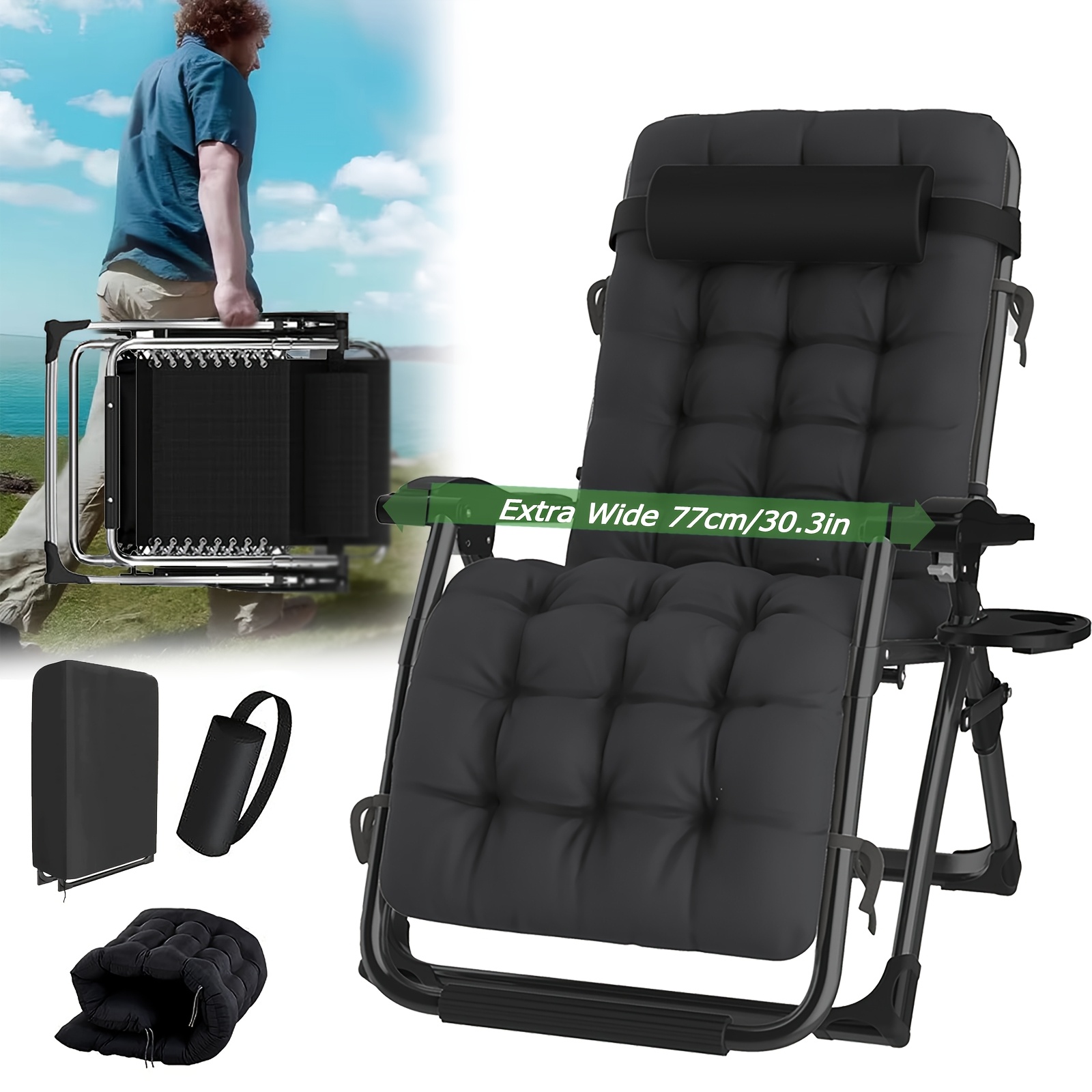zero gravity chair 77cm wide outdoor reclining patio chair with adjustable headrest and cup holder lawn chair for adults indoor and outdoor