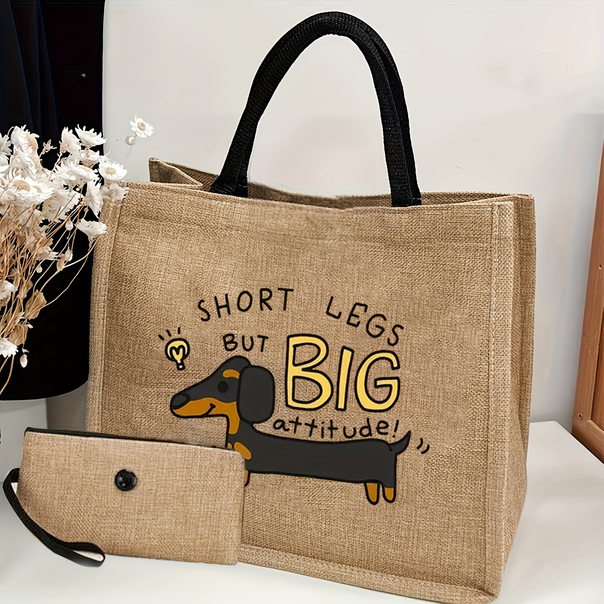 Image of Dachshund Cartoon Print Polyester Tote Bag - Hand-washable Linen-style Casual Shopper With No-closure, Accessory-free Puppy Letter Burlap Handbag For Womens, Gift