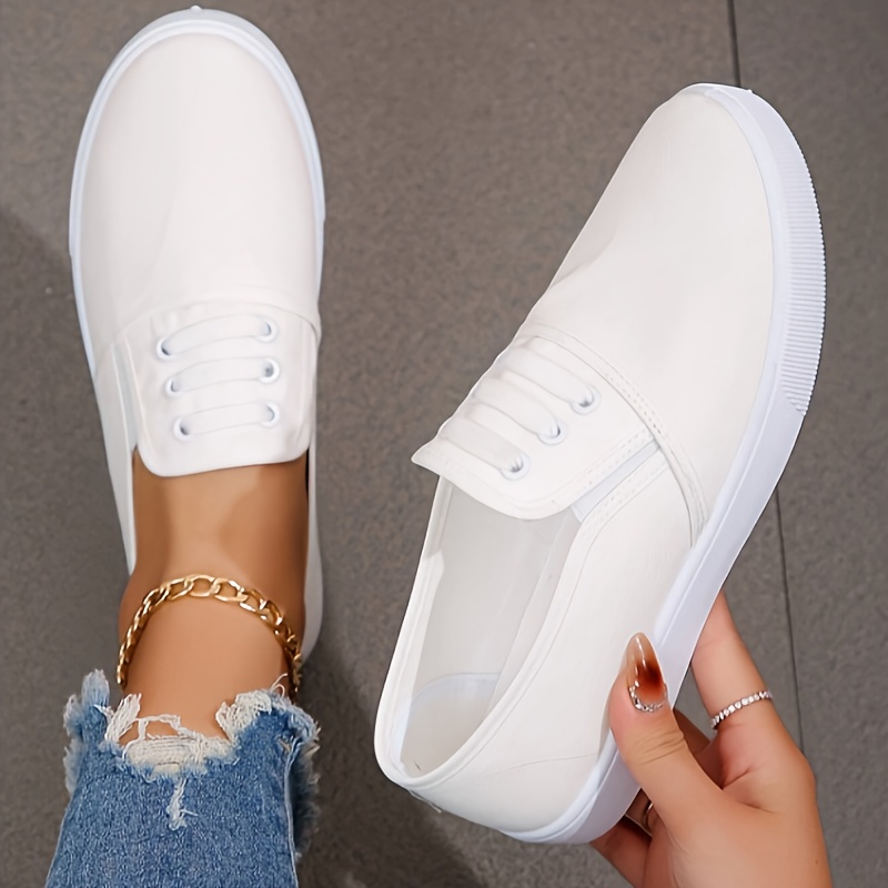 

Women's Solid Color Minimalist Sneakers, Slip On Lightweight Flat Soft Sole Canvas Shoes, Low-top Comfort Daily White Shoes