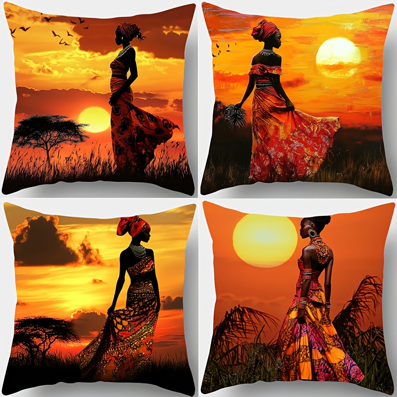 TEMU Set Of 4, New Pillowcases Featuring African Against A Sunset Backdrop, Cozy And Inviting, Measuring 17.72 Inches By 17.72 Inches, Perfect For