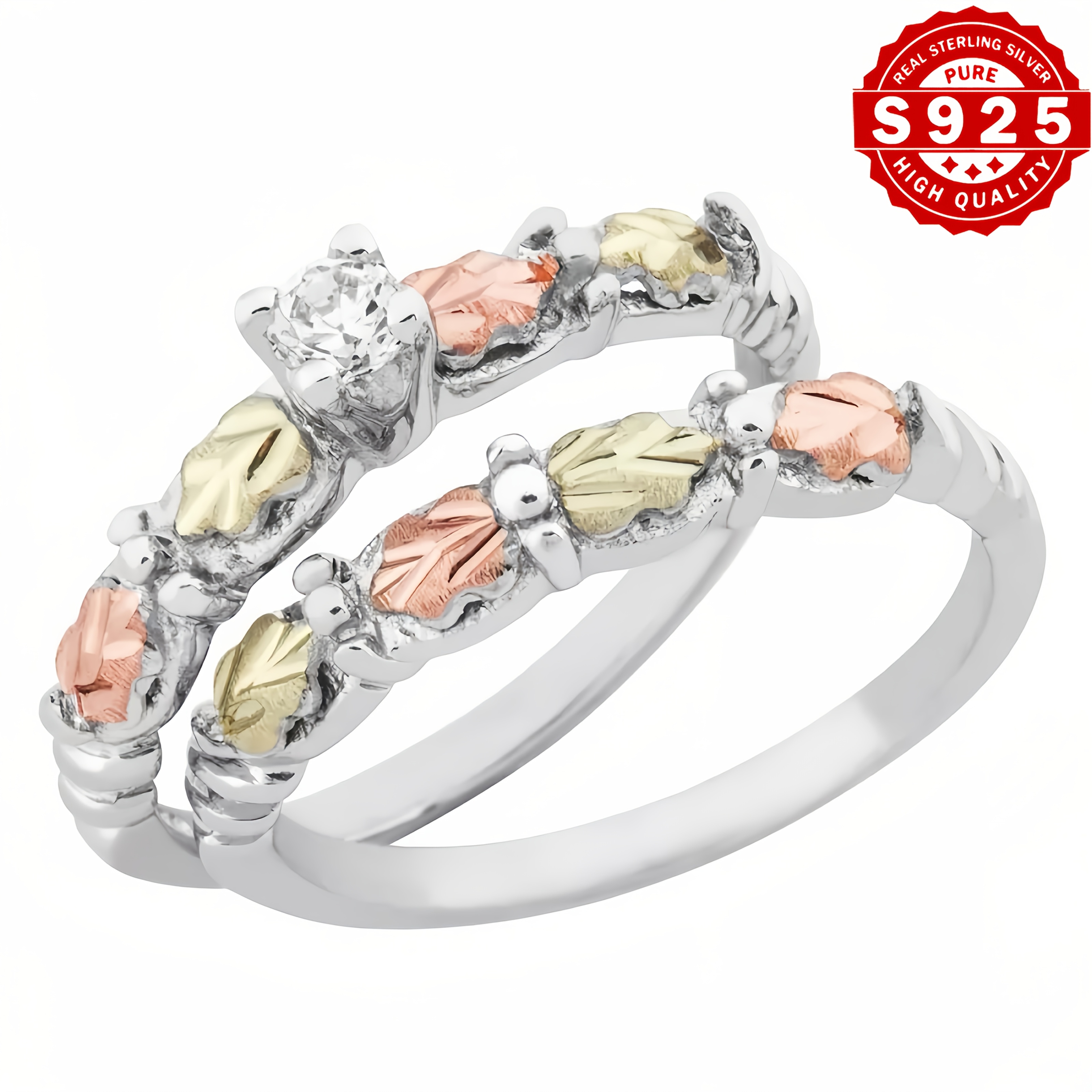 TEMU Elegant S925 Sterling Silvery Ring Set With Leaf Design And 5a Grade Synthetic Cubic 5a Zirconia Inlay, Suitable For Daily Wear, Banquets,