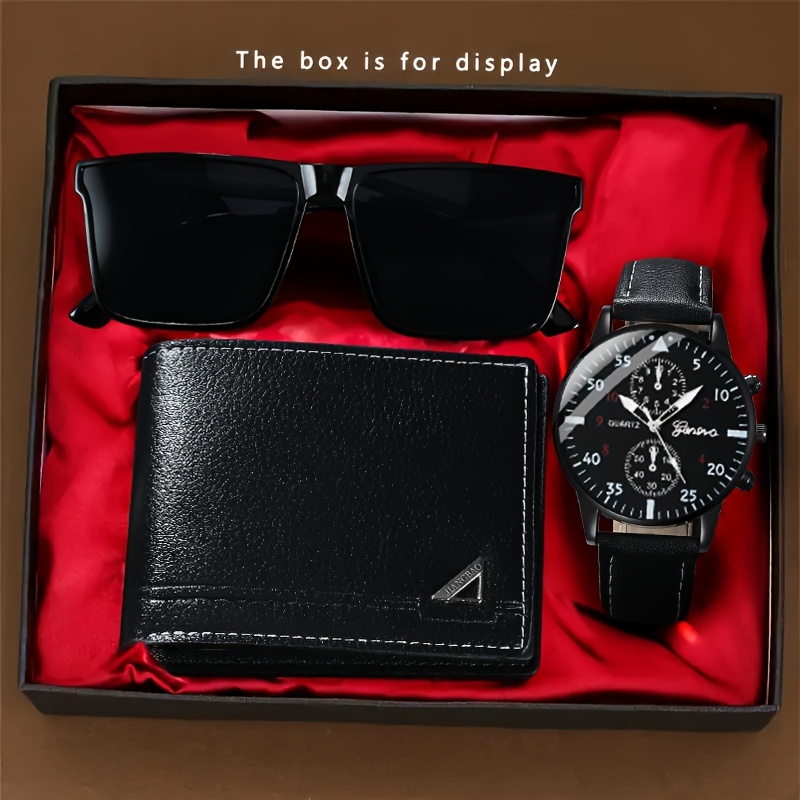3 piezas de reloj de hombre, conjunto de relojes de pulsera elegantes para hombre, conjunto de gafas y cartera.