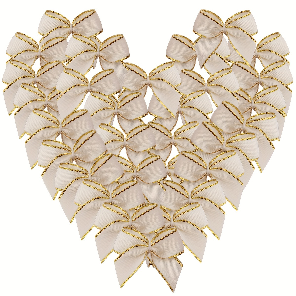 

50-piece Ivory Satin Mini Ribbon Bows With Gold Trim, 1.2" & 1.6" - Perfect For Crafts, Gift Wrapping, Sewing, Mother's Day & Christmas Decorations