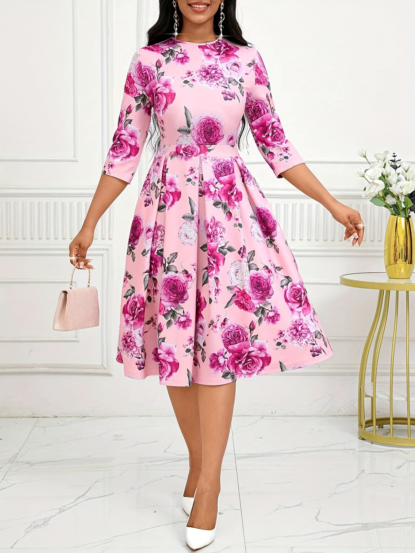 midi dress elegant with sleeves IVORY PUFF SLEEVE MIDI DRESS – HIGH NECK A-LINE ELEGANT OCCASION DRESS –  Kelly Grace Brands main image 1