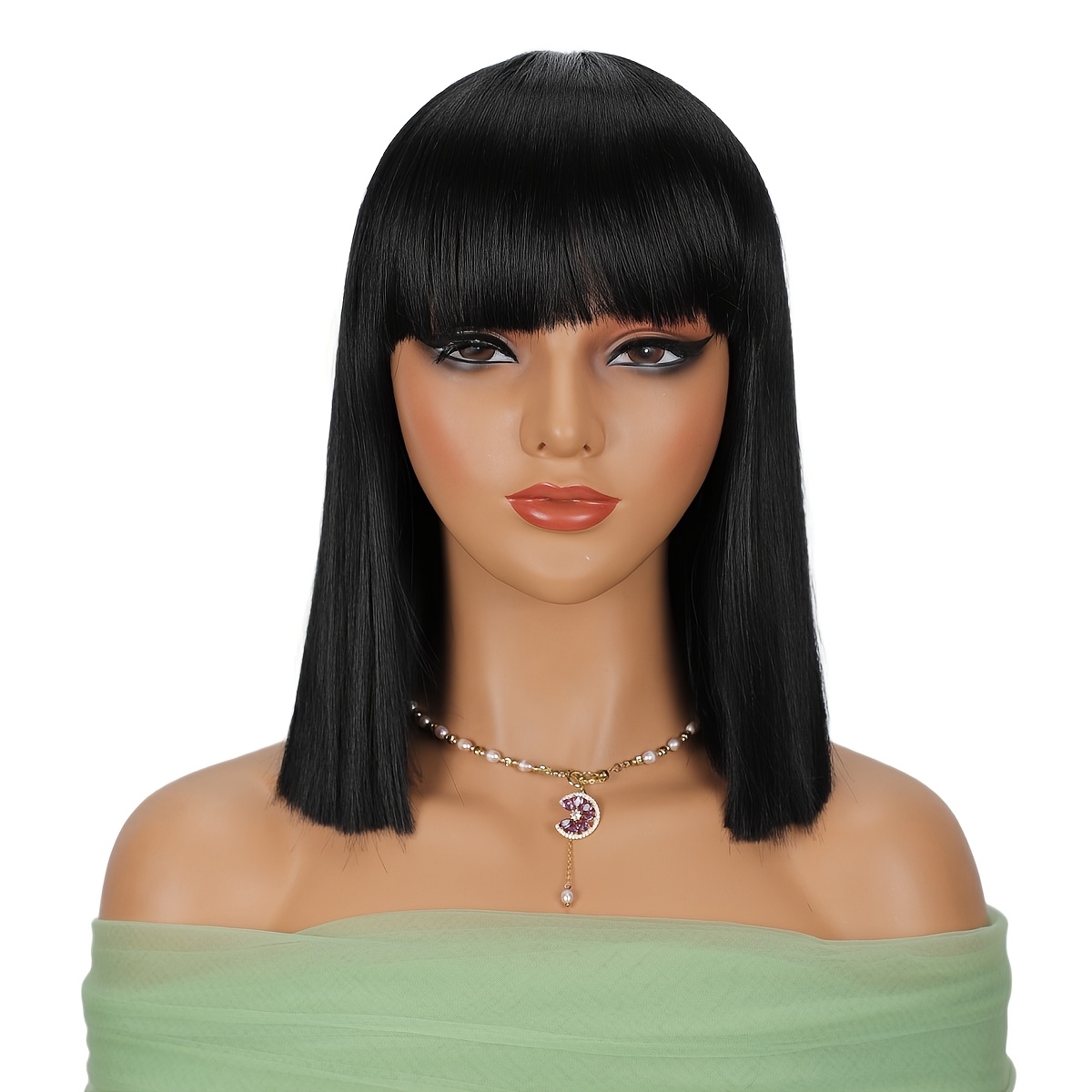 TEMU Perruques Bob Noires 12 pouces/30,48 cm pour Femmes, Synthétiques Résistantes à la Chaleur, Perruque Bob Courte Noire avec Frange, Couleur de