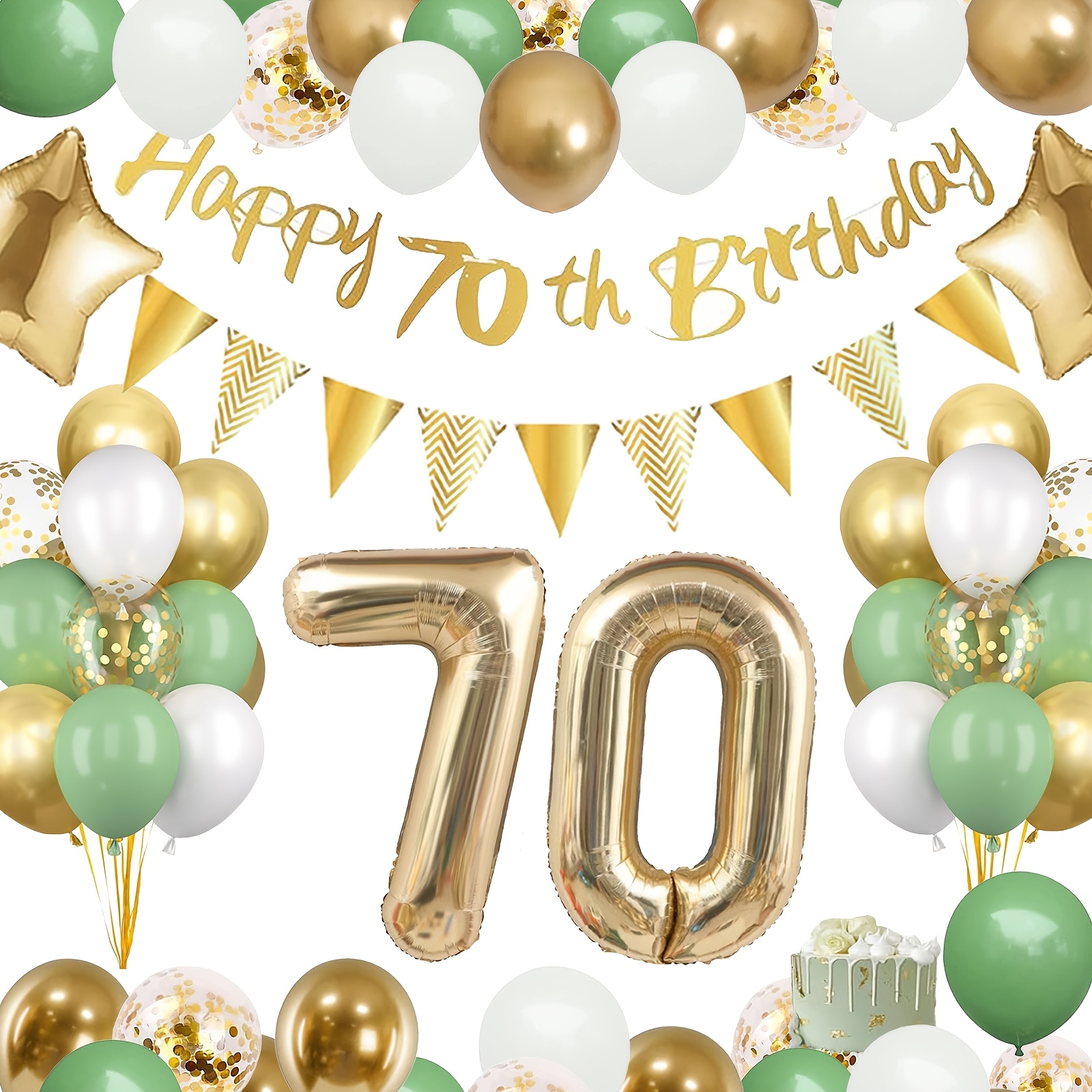 70th Birthday Decorations In Golden And White, Party Decorations, Happy 70th Birthday Banner, 32-inch 70th Balloon, White, Green, And Golden Balloons Suitable For Women's And ' Birthday Decorations
