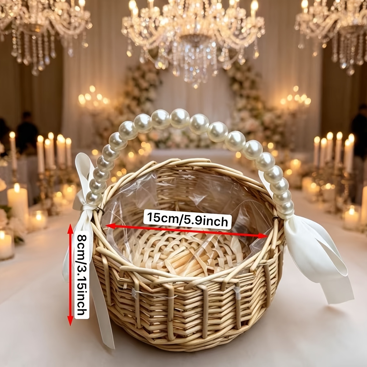 Image of 2026 New Pearl Petal Scattering Hand Basket, Basket, Wedding Ring Gift Box, Ribbon Bow Pearl Hand Basket, Perfect For Halloween & Christmas