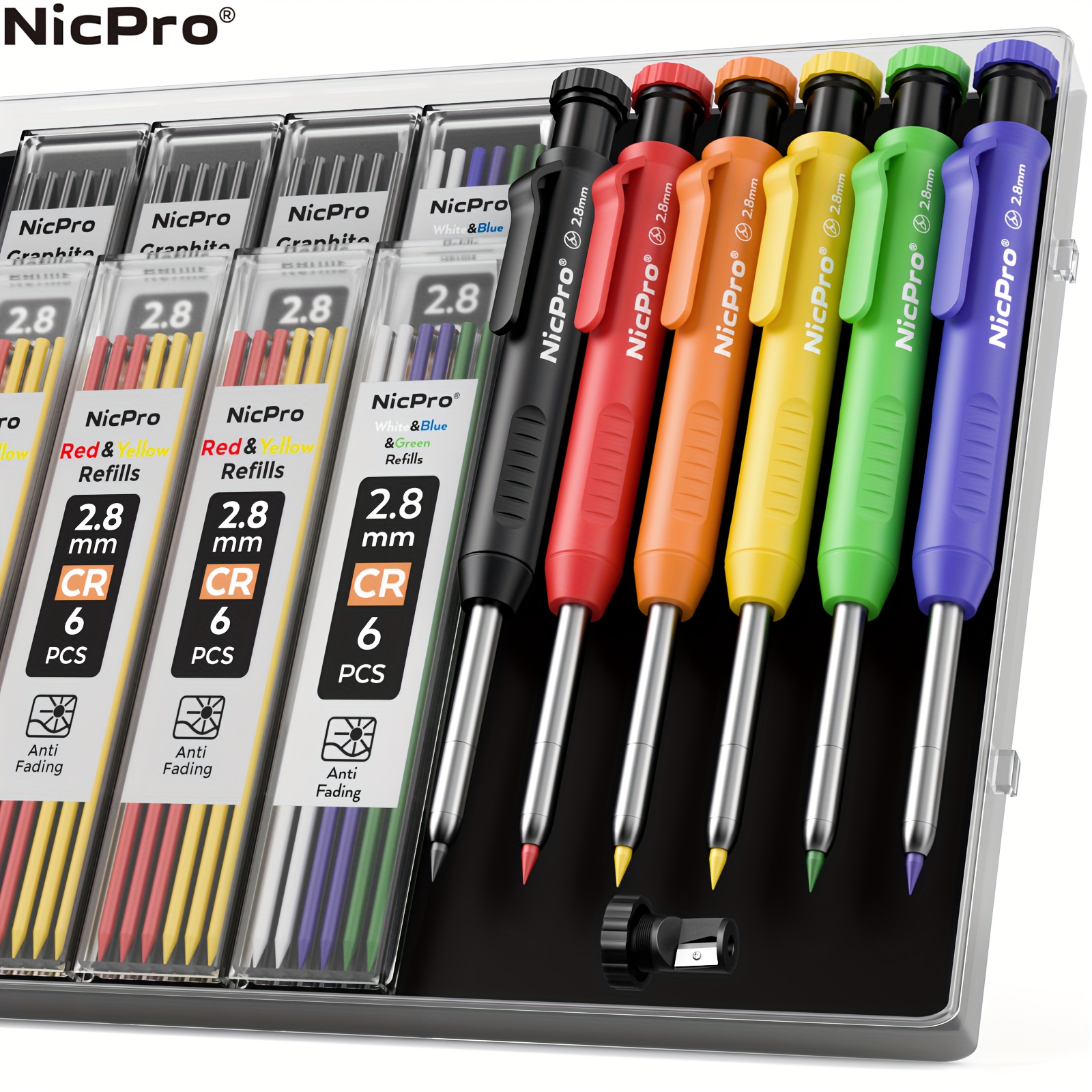 

Nicpro 6 Pack Carpenter Pencil With Sharpener, Mechanical Pencils Set 54pcs Refills (black, Red, Yellow, Blue, Green, White) Deep Hole Marker Construction Heavy Duty Woodworking -with Case