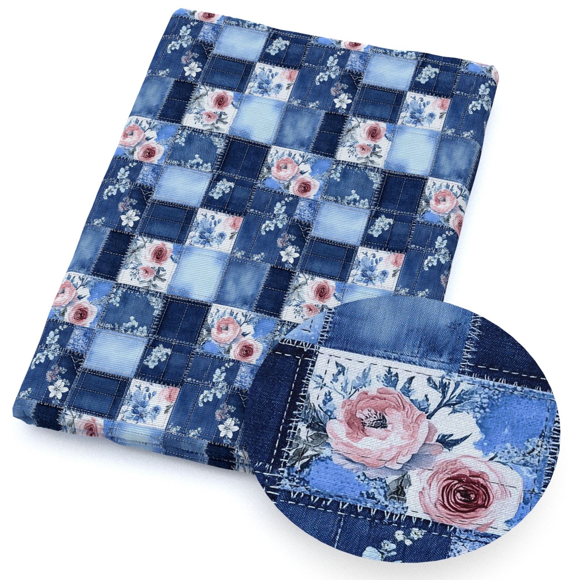 E-shop Patchwork- aus 100 % Polyestergewebe mit Blumen-, Schmetterlings-, Karo- Denim-Muster-Elementen, Maße 19,68x57 Zoll (50x145 cm), für Quilten,