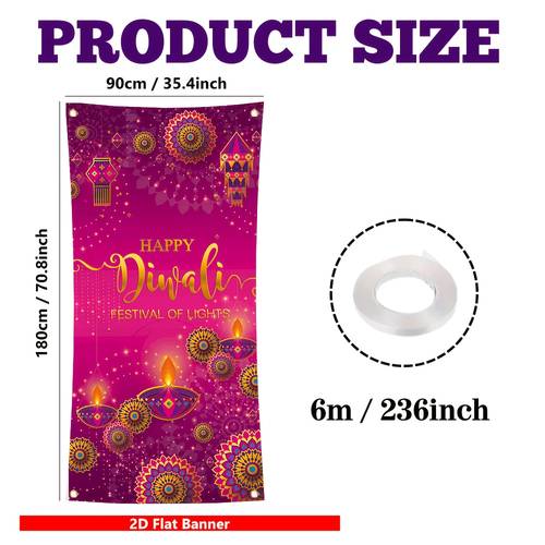banner 2d plat, banner 2d pentru ușă, 1 bucată banner pentru ușă diwali - roz vibrant și , decor pentru festival indian cu mesajul „happy diwali”, modele tradiționale de lămpi cu ulei și temă de păun - de agățat potrivit pentru verandă, intrare, decor de petrecere, fără nevoie de