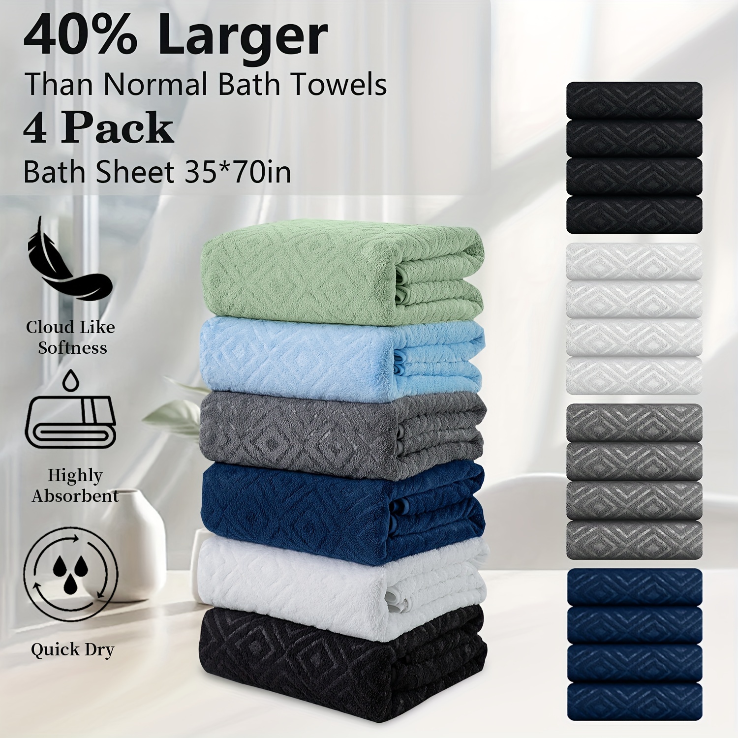 

4 Pack Extra Large Bath Towels, 35 X 70 Inches Bathroom Towel, Super Soft Thick, Highly Absorbent Quick Dry Towel 750gsm, Includes 4 Oversized Bath Towels, Suitable For Hotel Bathroom Gym Spa