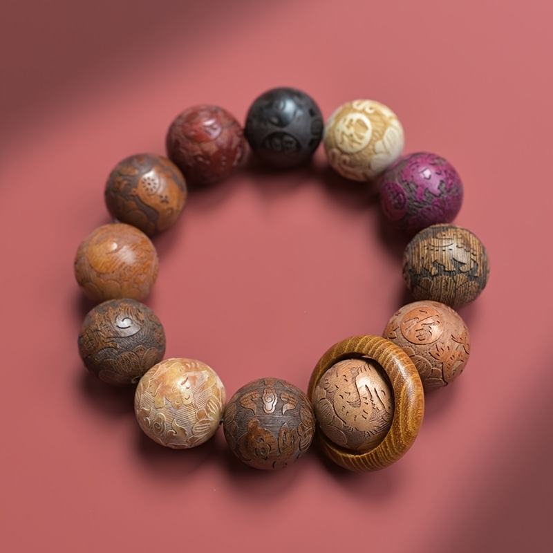 Handcrafted 20mm Diameter Carved Flower Zodiac Bead Bracelet, Unisex