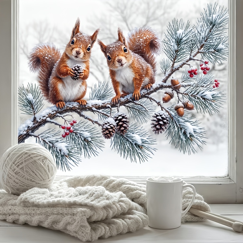 Image of Winter Cute Red Squirrel Berry Snow Branch Static Clings Window Sticker, Double-sided , No Glue No Residue Decals For Bedroom Living Room Xmas Winter Decor