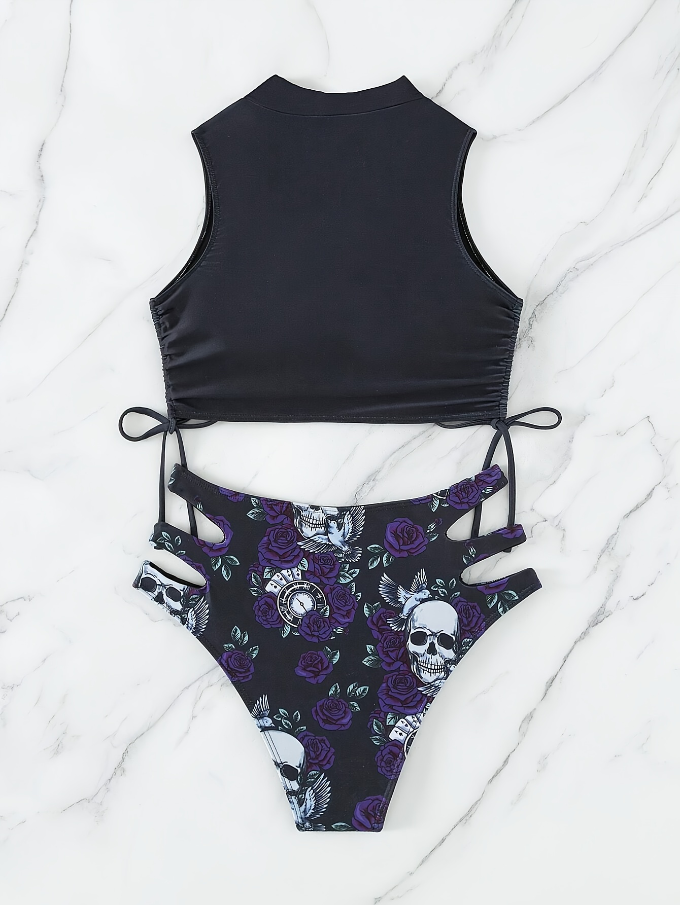 Rose Skull Print Gothic Punk 2 Piece Set Bikini, Drawstring Side Hollow Out  Stretchy Halloween Trendy Swimsuits, Women's Swimwear & Clothing