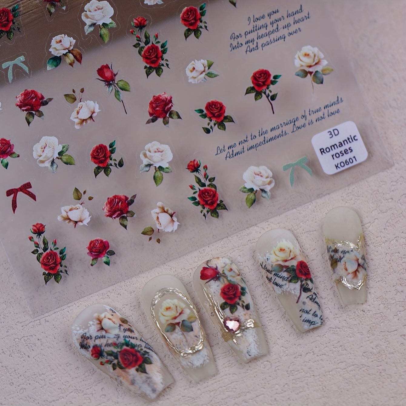 A Sheet Of Red Rose Nail Stickers Featuring A Pink , Self-adhesive Nail Decorations Suitable For Projects For Women And