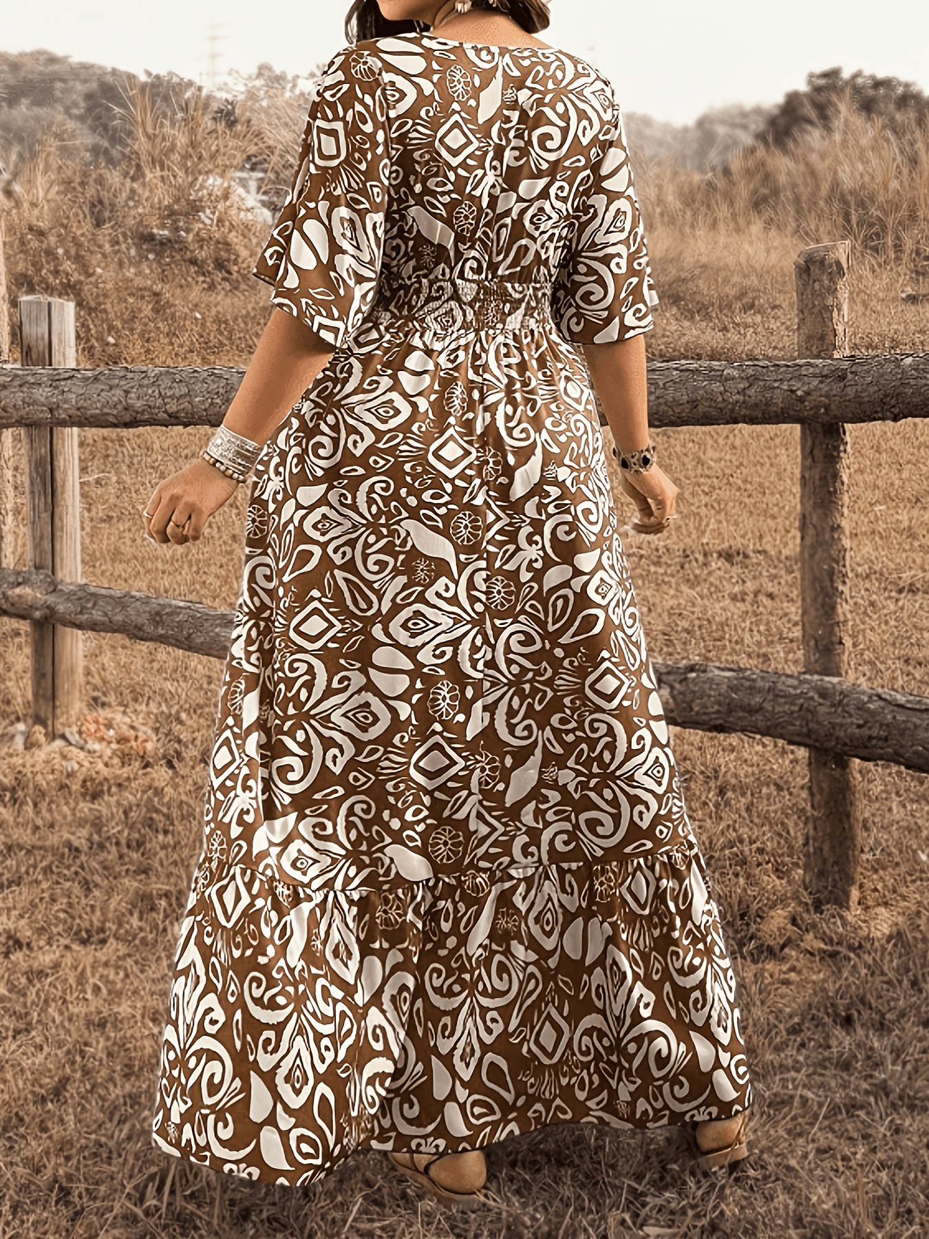 bohemian dress design plus size style random print long maxi v neck a flowy skirt evergreen blazers Short Sleeve Chiffon V-Neck Size:17 36-37