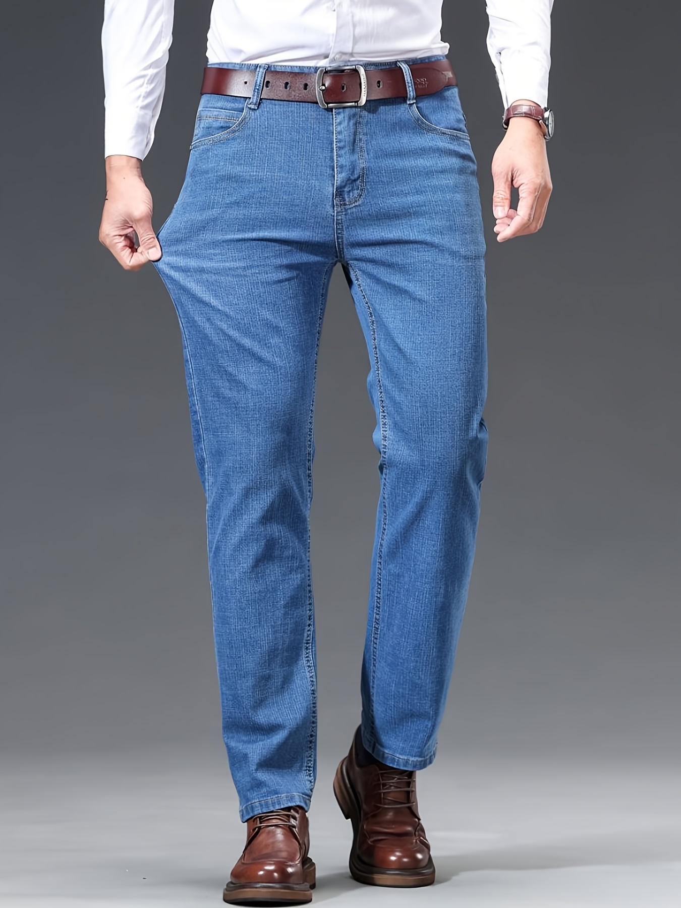 Popular Men's Business Casual Straight-Leg Jeans, Blend Fabric, All-Season Wear, Mid-Rise Design, Durable and Shape-Retaining, Multiple Colors Available, Easy Transition from Work to Casual