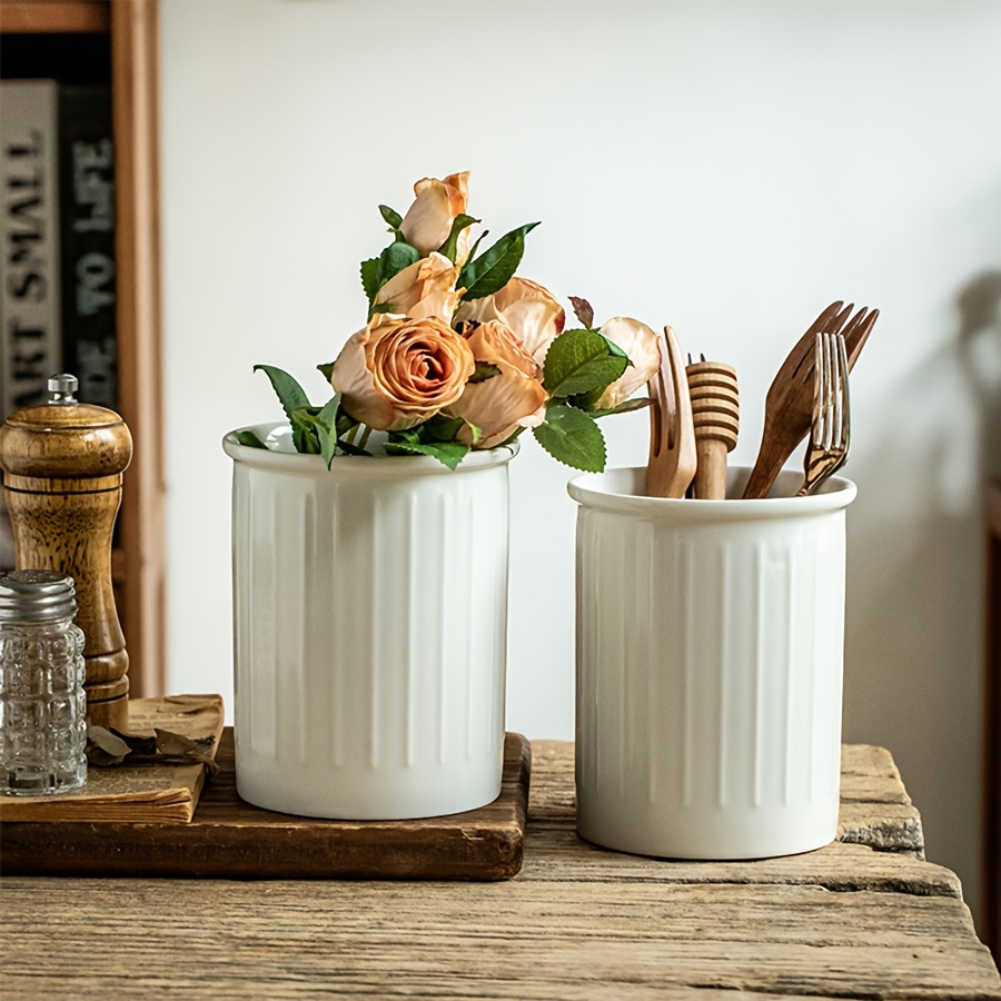 

A New Minimalist Embossed White Chopstick Holder, A Large Ceramic Storage Jar For Kitchen Knives, Forks, And Spoons, Decorative Piece.