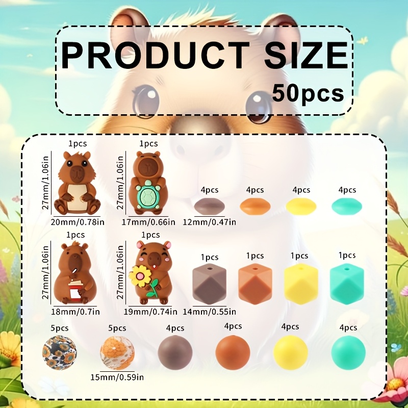 E-shop 50 Stück Niedliche 3D-Kapibara-Silikonperlen, + Bedruckte Runde Perlen + Linsenperlen, Modedesign, Perlen für Schmuckherstellung, für