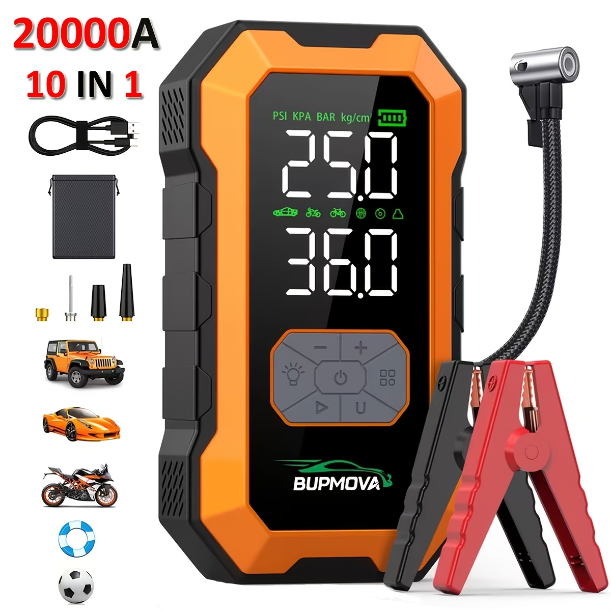 TEMU Avviatore di Emergenza per Auto con Compressore d'Aria, Gonfiatore Pneumatici Senza , Booster Batteria da 25000mAh con Power Bank e Torce LED,