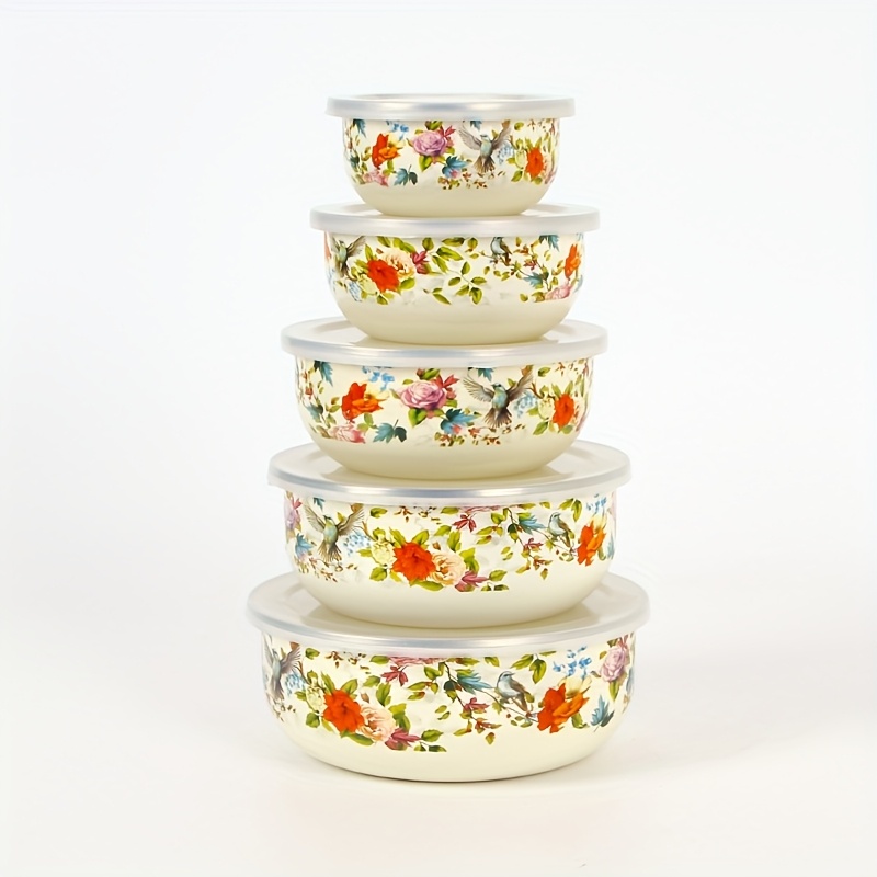 TEMU Thickened Sealed Enamel Bowl With Lid, Refrigerator, Fresh Keeping Bowl, Portable 5 Piece/three Piece Set, Soup Bowl, Rice Bowl, All In 1