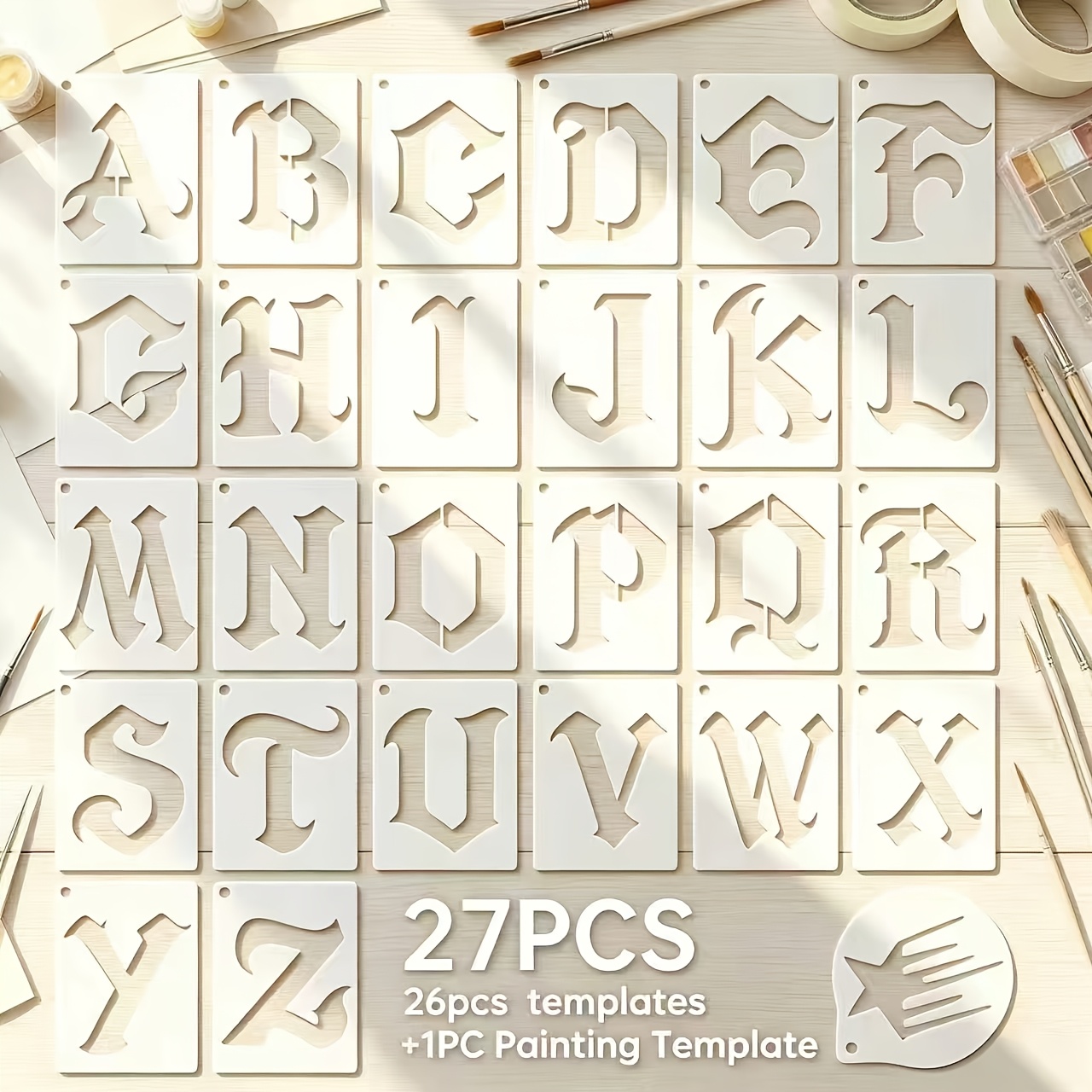TEMU 27pcs Letter Stencil Set ( And 1 Painting Stencil), Reusable Plastic Letter Painting Stencils With Exquisite Patterns, Craft Templates For Wall