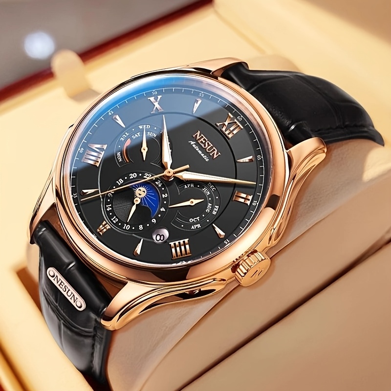 Men's Multifunctional Stainless Steel Mechanical Watch with Leather Strap