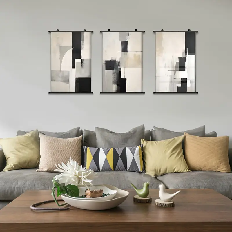 3-piece Abstract Wall Art Set - Beige, Gray & Black Prints With Plastic ...