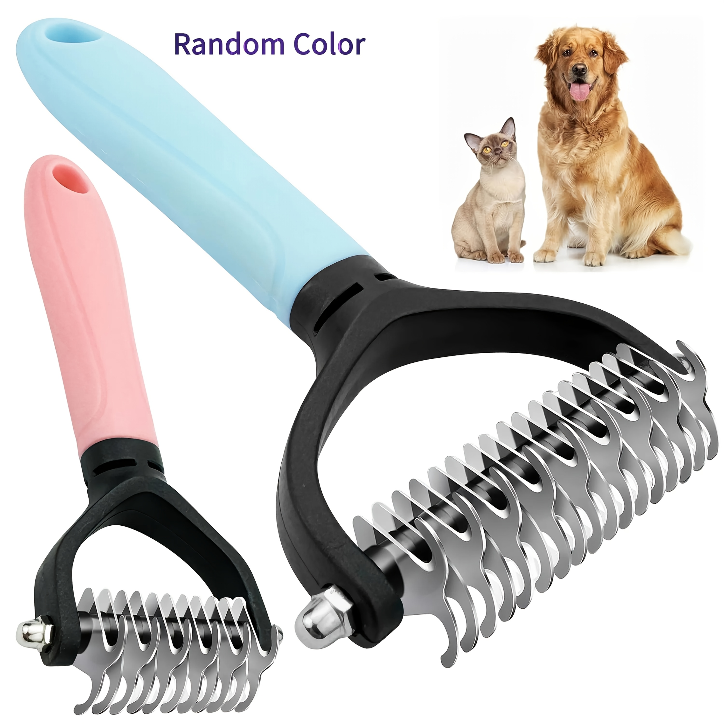 TEMU 2pcs Set Of Stainless Steel Pet Detangling Combs In Random Colors, Double-sided Rake Grooming Tool, Suitable For Cats And Dogs, Efficient Hair