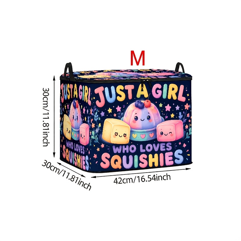 TEMU Boîte de rangement style dessin animé , imprimée avec le texte "JUST A WHO SQUISHIES" et motif de souriante, dégradé rose et violet, idéale pour
