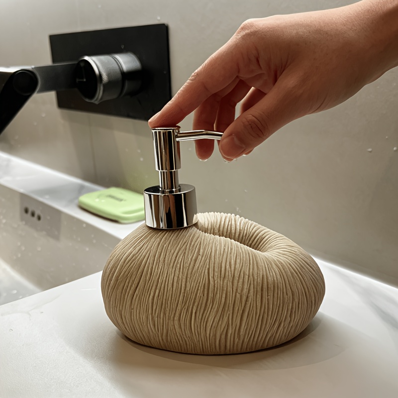 Wabi-Sabi Stone Shape Liquid Soap Dispenser, Ribbed Textured Refillable Lotion Pump Bottle, Decorative Hand Soap Dispenser for Bathroom Kitchen Countertop, Gray/Beige