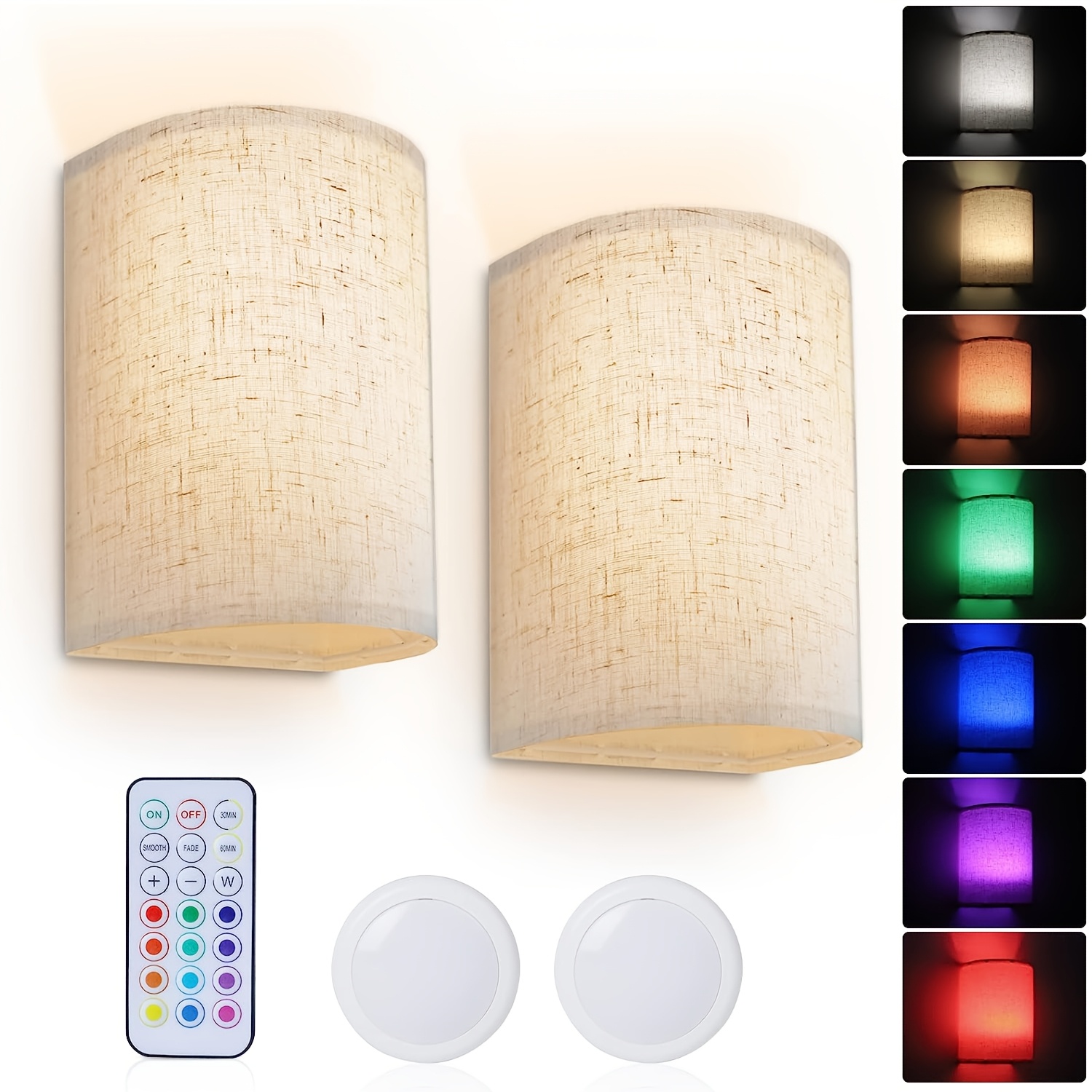 TEMU 2pcs Set Led Wall Lamp, Battery-powered, Remote Control, Rgbw Colors, Dimmable, Fabric Wall Lamp (without Battery)